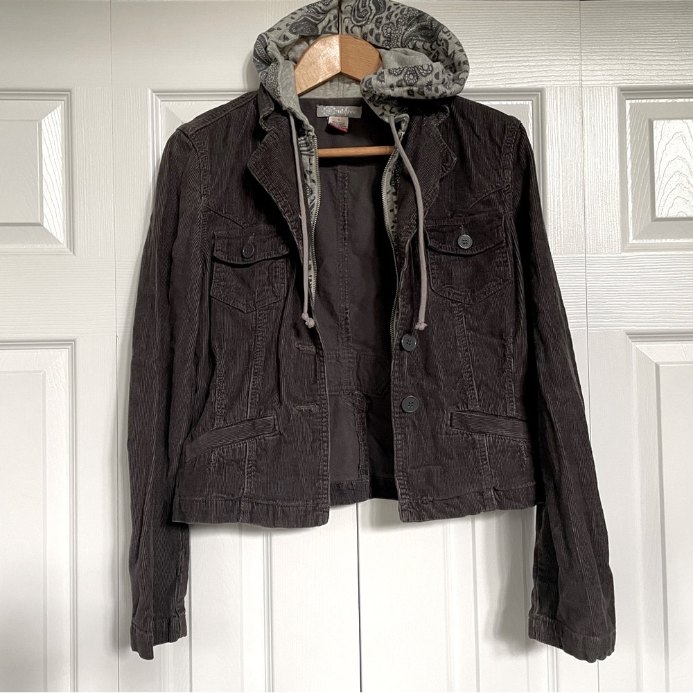 U B Free Gray Corduroy Hooded Zip Up Jacket